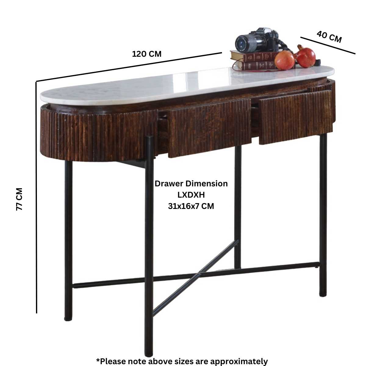 The handmade Opal Console Table with smooth marble top nests within a beautifully fluted mango wood frame, all supported by refined metal legs. H77×W120×D40 cm. Shop online today at www.nobleandnook.co.uk