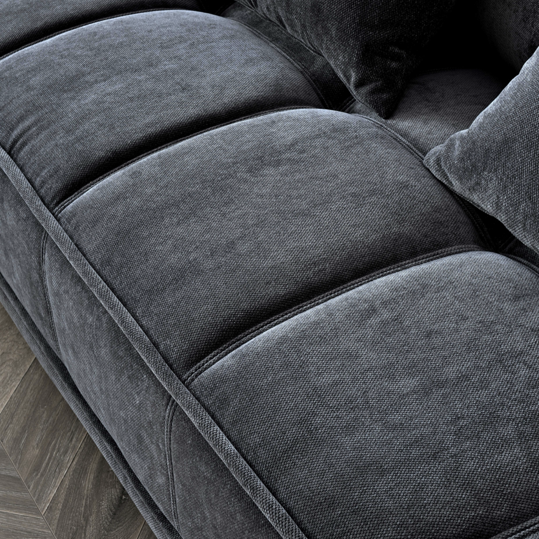 Shop the Aluxo Gramercy 2 Seater Sofa in Steel Velvet, featuring block stitched seat cushions and stunning steel-coloured mermaid boucle fabric for a modern luxury with timeless opulence. Shop online today at www.nobleandnook.co.uk