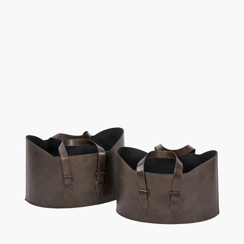 Alessio Set of 2 Peppercorn Leather Handled Storage Baskets – Stylish Home Storage Solutions