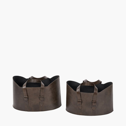 Alessio Set of 2 Peppercorn Leather Handled Storage Baskets – Stylish Home Storage Solutions