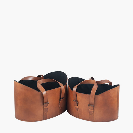 Alessio Set of 2 Vintage Brown Leather Handled Storage