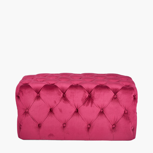 Seraphina Raspberry Velvet Buttoned Rectangular Ottoman – Luxurious Velvet Footstool for Elegant Living Spaces