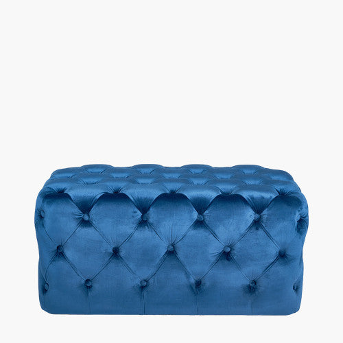 Seraphina Sapphire Blue Velvet Buttoned Rectangular Ottoman – Elegant Velvet Footstool for Modern & Classic Homes