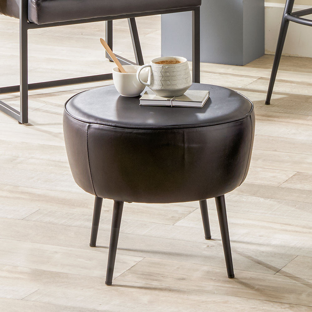 Donato Ash Black Leather and Black Metal Stool