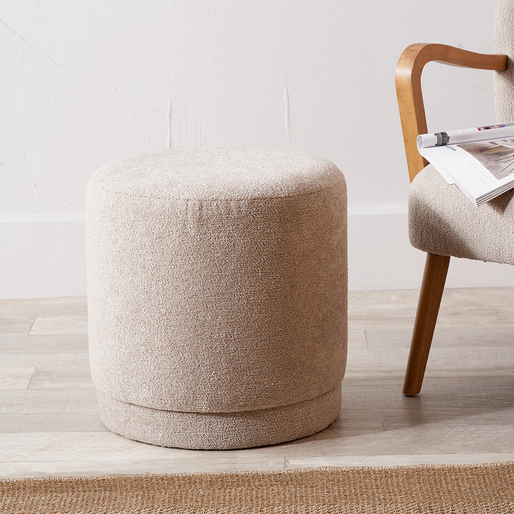 Sassari Taupe Teddy Fabric Cylinder Pouffe – Soft Texture and Modern Comfort