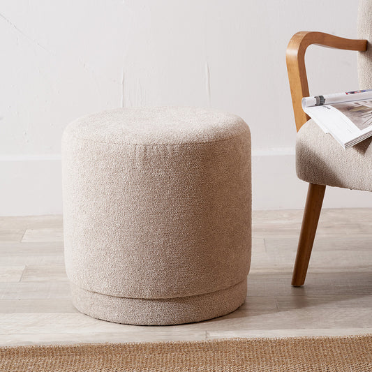 Sassari Taupe Teddy Fabric Cylinder Pouffe – Soft Texture and Modern Comfort