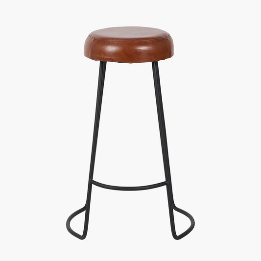 Cosimo Vintage Brown Leather and Black Metal Bar Stool