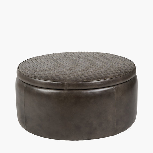 Arturo Peppercorn Leather Storage Pouffe – Handcrafted Leather Ottoman with Hidden Storage