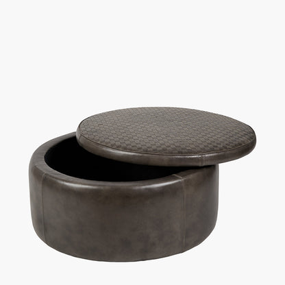 Arturo Peppercorn Leather Storage Pouffe – Handcrafted Leather Ottoman with Hidden Storage