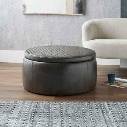 Arturo Peppercorn Leather Storage Pouffe – Handcrafted Leather Ottoman with Hidden Storage