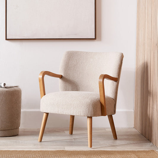 Sennori Taupe Teddy Fabric and Rubber Wood Occasional Chair – Soft Texture Meets Natural Elegance