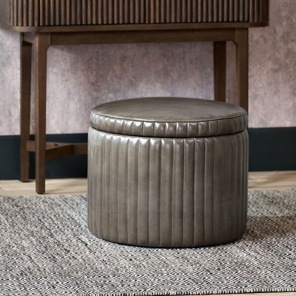 Alessandro Peppercorn Leather Round Storage Pouffe