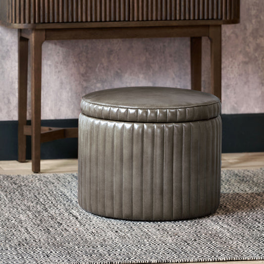 Alessandro Peppercorn Leather Round Storage Pouffe