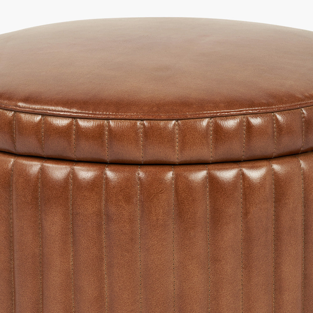 Alessandro Vintage Brown Leather Round Storage Pouffe