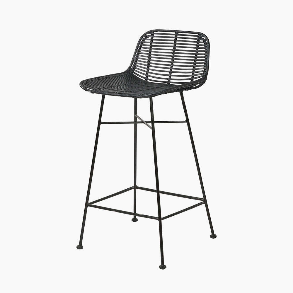 Black Rattan Core & Black Metal Bar Stool