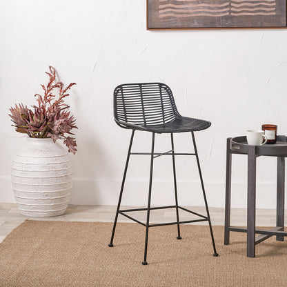 Black Rattan Core & Black Metal Bar Stool