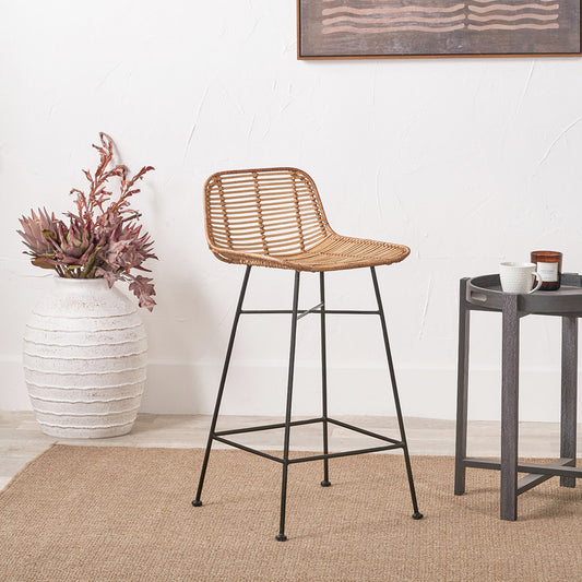 Natural Rattan Core & Black Metal Bar Stool