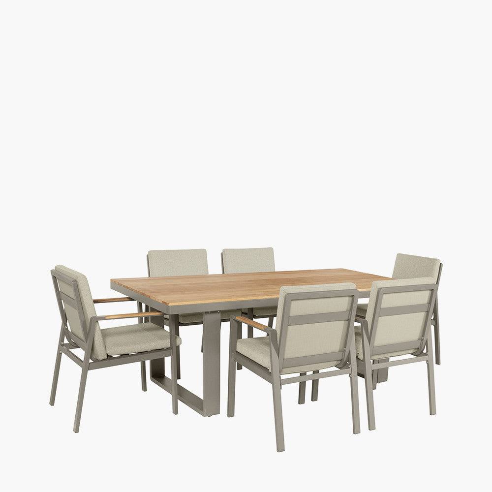 Transform your garden with the Stockholm 6 Seater Limestone Outdoor Dining Set, powder coated aluminium frame with natural Teak Wood accents. Shop online today at www.nobleandnook.co.uk