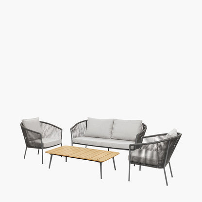 Shop this sophisticated set featuring a 2-seater sofa, two armchairs, and a spacious Acacia wood coffee table, all in a stylish Light Teak finish. Shop online today at www.nobleandnook.co.uk