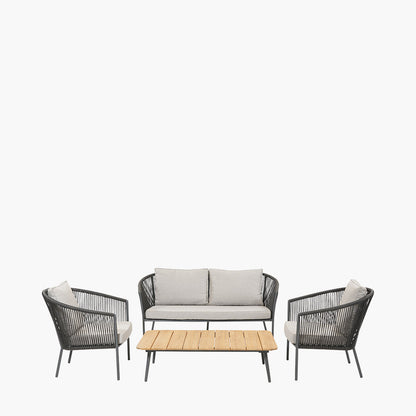Shop this sophisticated set featuring a 2-seater sofa, two armchairs, and a spacious Acacia wood coffee table, all in a stylish Light Teak finish. Shop online today at www.nobleandnook.co.uk