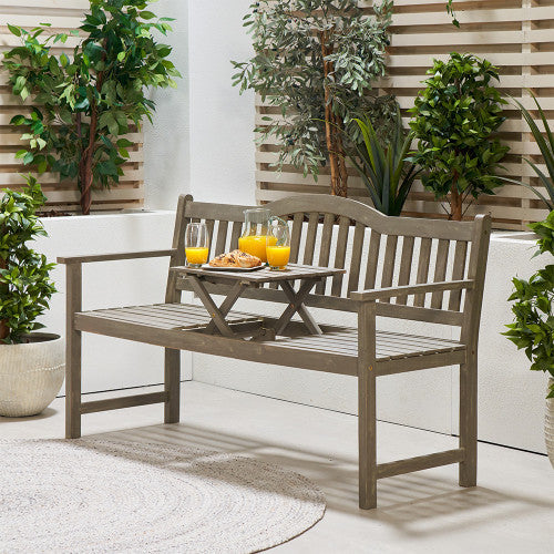 Introducing the Richmond Antique Grey Outdoor Bench with Pop-Up Table, an elegant addition to your garden or patio. Shop online today at www.nobleandnook.co.uk