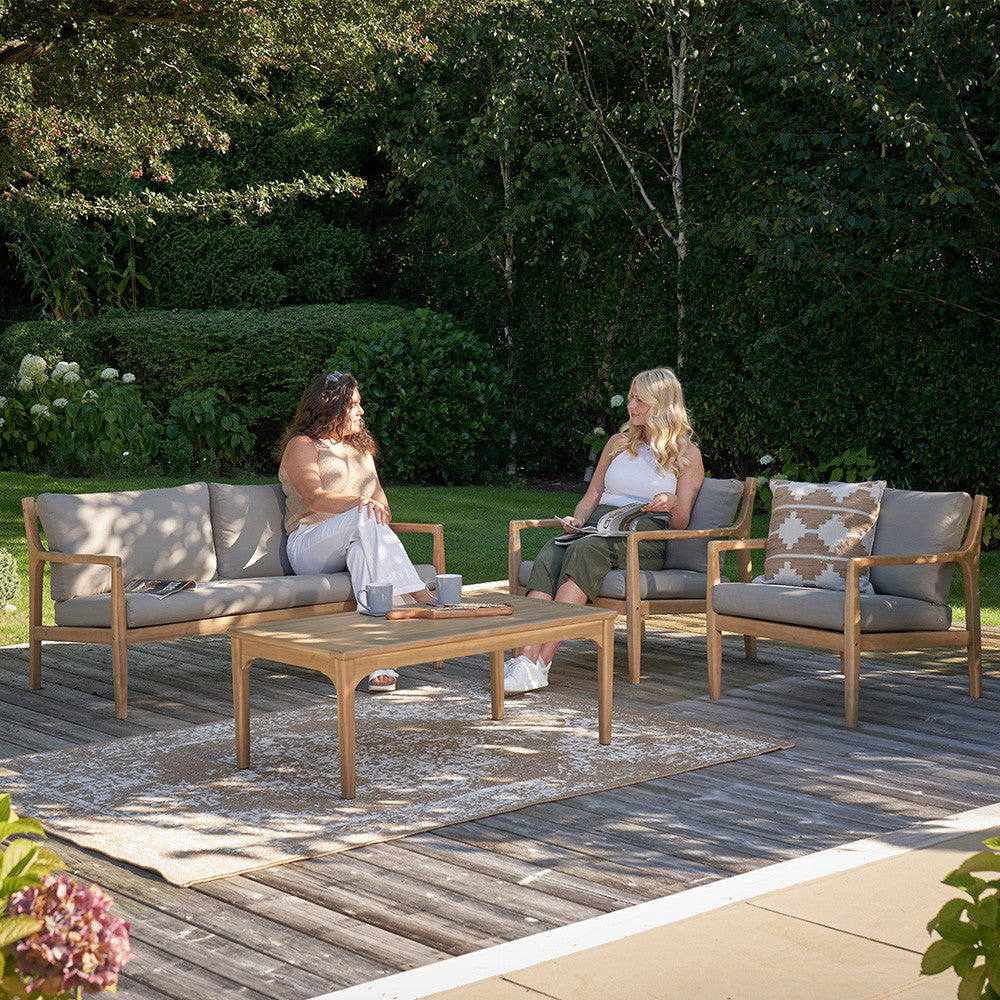 Shop the Malta Garden Seating Set with a 2-seater sofa, 2 armchairs, and a rectangular coffee table, providing a modern and natural update to your garden. Shop online today at www.nobleandnook.co.uk