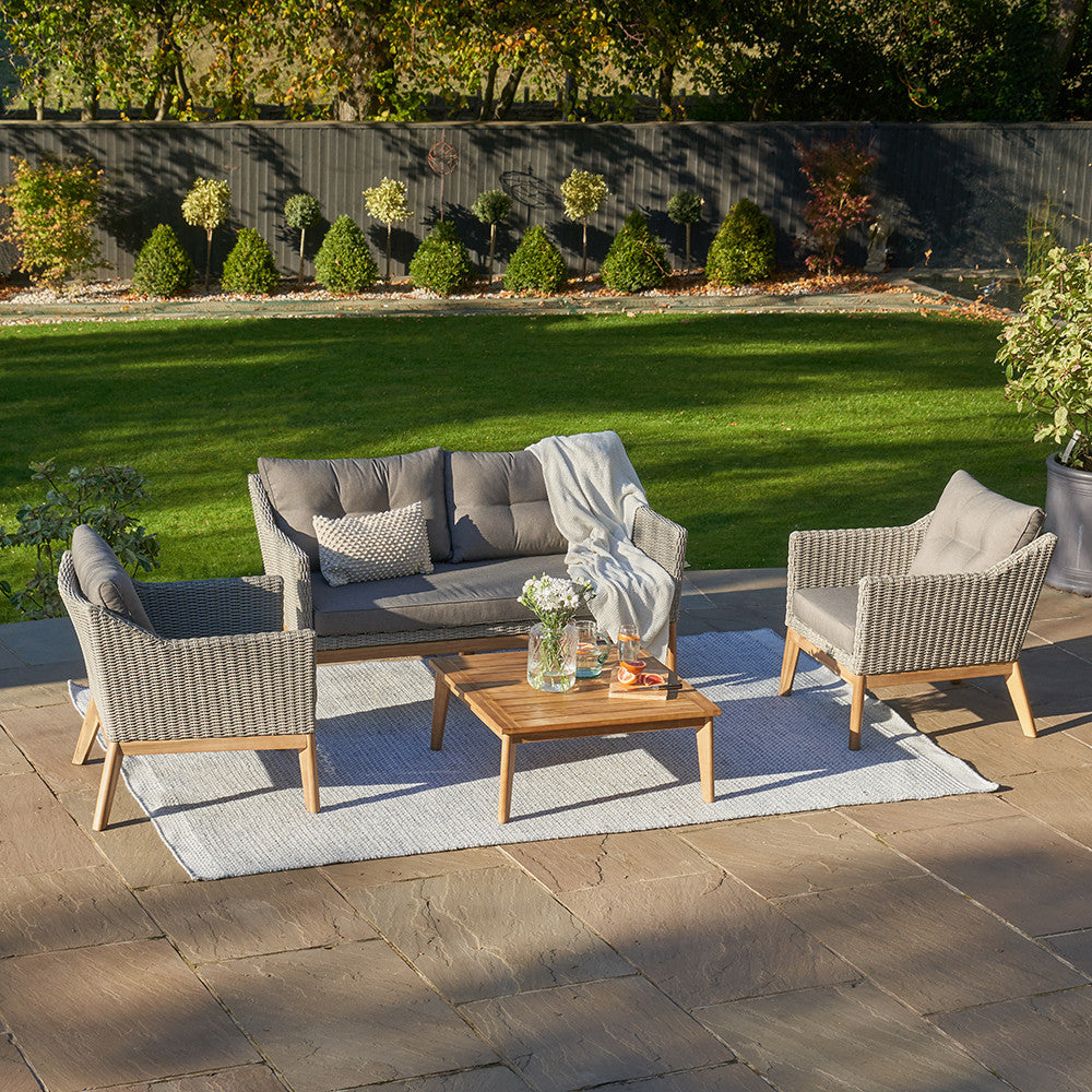 Shop the Larissa Outdoor Seating Set. Comprising of a 2 seater sofa, 2 armchairs and a coffee table, ideal for relaxed socialising, al fresco style. Shop online today www.nobleandnook.co.uk