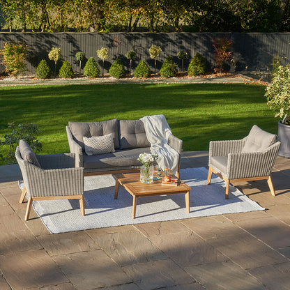 Shop the Larissa Outdoor Seating Set. Comprising of a 2 seater sofa, 2 armchairs and a coffee table, ideal for relaxed socialising, al fresco style. Shop online today www.nobleandnook.co.uk