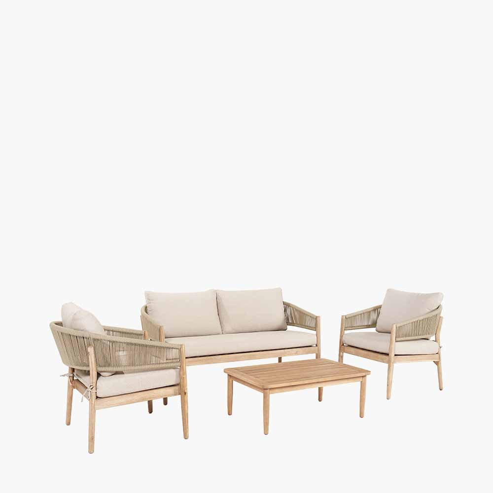 Shop the Denver Sage Green Outdoor Seating Set. Handcrafted from sustainable acacia wood, featuring a two seater sofa, 2 armchairs, and a coffee table with weather resistant twisted rope. 3 Year Structural Guarantee Included* Buy now at www.nobleandnook.co.uk