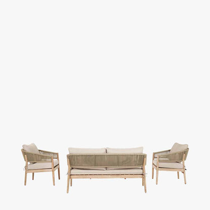 Shop the Denver Sage Green Outdoor Seating Set. Handcrafted from sustainable acacia wood, featuring a two seater sofa, 2 armchairs, and a coffee table with weather resistant twisted rope. 3 Year Structural Guarantee Included* Buy now at www.nobleandnook.co.uk