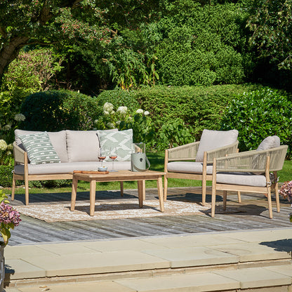 Shop the Denver Sage Green Outdoor Seating Set. Handcrafted from sustainable acacia wood, featuring a two seater sofa, 2 armchairs, and a coffee table with weather resistant twisted rope. 3 Year Structural Guarantee Included* Buy now at www.nobleandnook.co.uk
