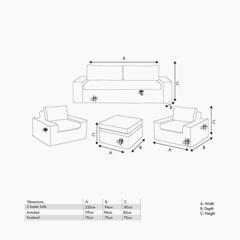 Sofa set with dimensions labeled on a white background