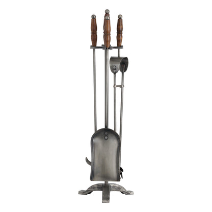 Hand Turned Fire Companion Set in Antique Pewter with Wooden Handles – Classic Handcrafted Fireside Tools