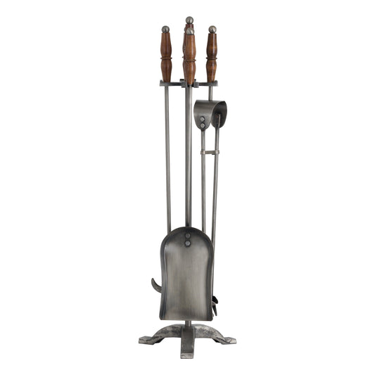 Hand Turned Fire Companion Set in Antique Pewter with Wooden Handles – Classic Handcrafted Fireside Tools