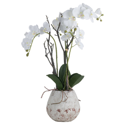 White Orchid in Stone Pot – Elegant Artificial Flower Arrangement