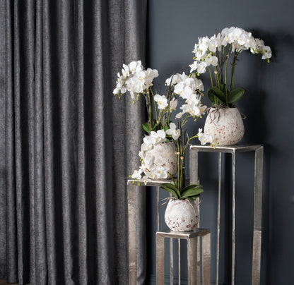 White Orchid in Stone Pot – Elegant Artificial Flower Arrangement