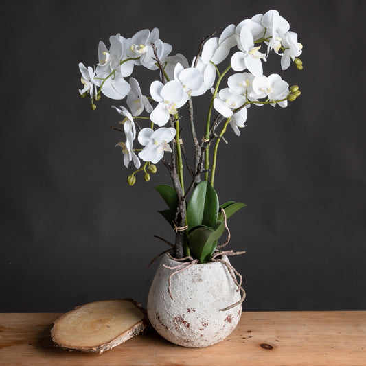 White Orchid in Stone Pot – Elegant Artificial Flower Arrangement