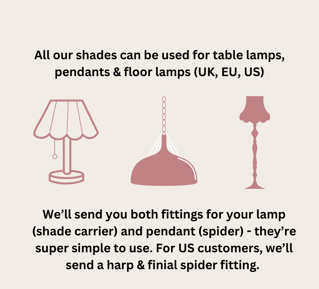 Lampshade compatibility information with illustrations of table, pendant, and floor lamps.