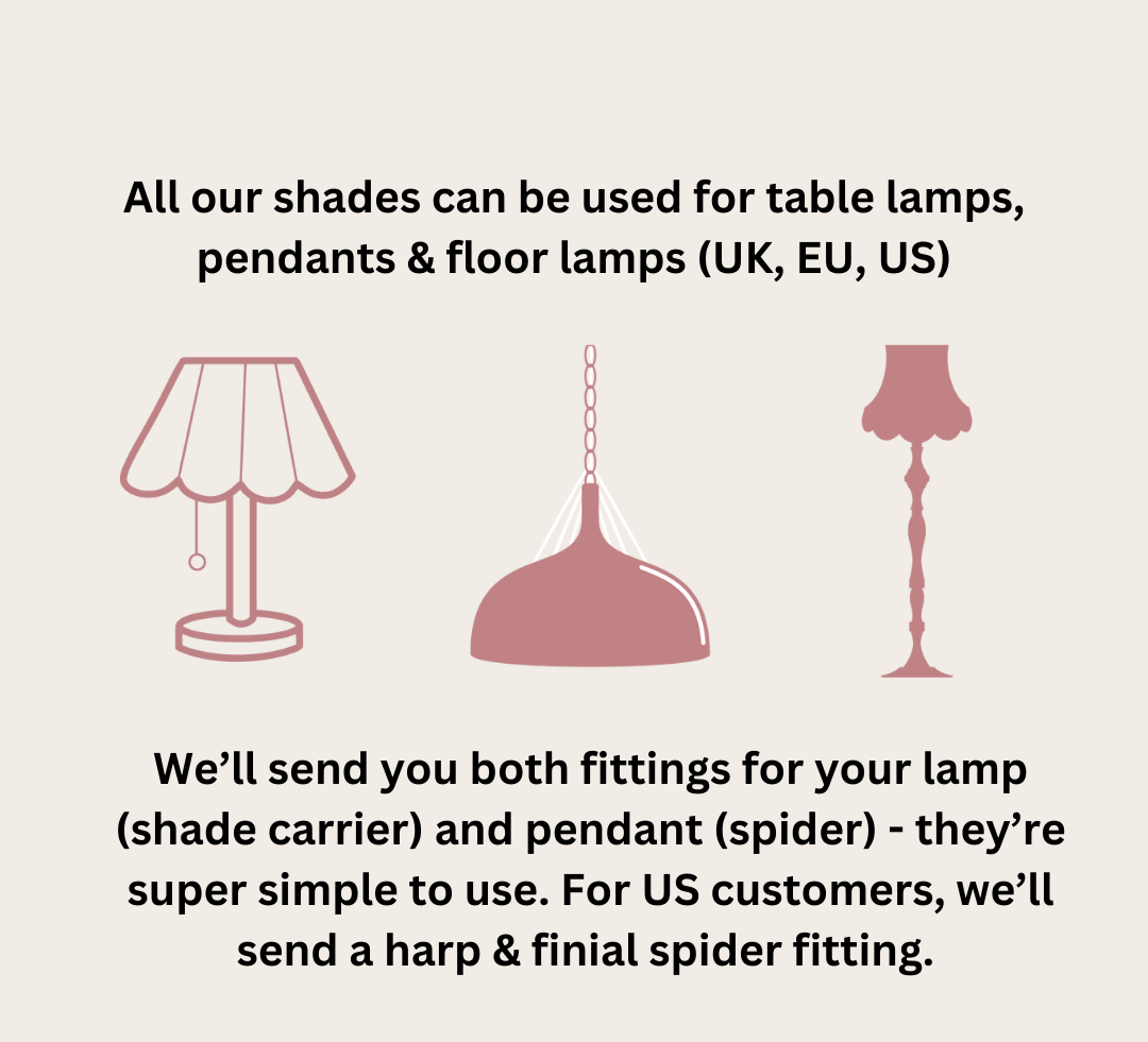 An informational graphic on a light beige background with black text explaining compatibility and included fittings for table lamps, pendants, and floor lamps. Three simple line drawings of lamps in muted dusty pink are shown in the center.