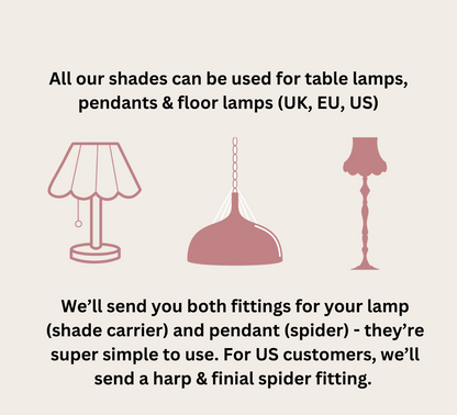An informational graphic on a light beige background with black text explaining compatibility and included fittings for table lamps, pendants, and floor lamps. Three simple line drawings of lamps in muted dusty pink are shown in the center.