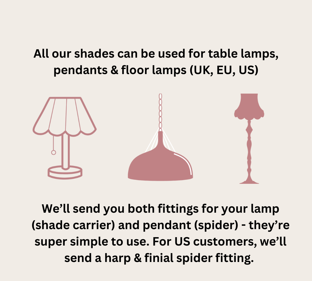 Lampshade compatibility information with illustrations of table, pendant, and floor lamps.