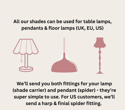 Lampshade compatibility information with illustrations of table, pendant, and floor lamps.