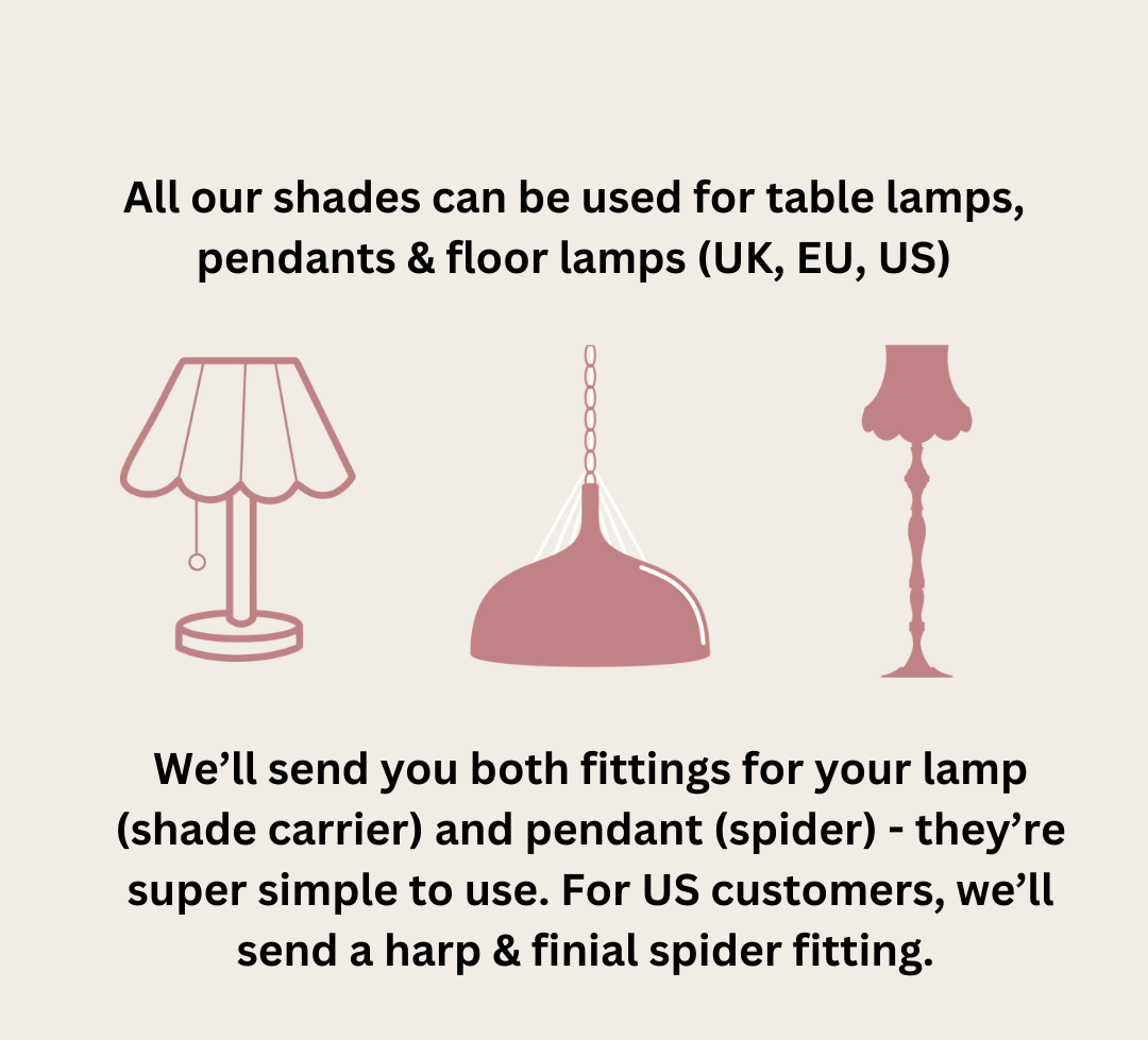 Lampshade compatibility information with illustrations of table, pendant, and floor lamps.