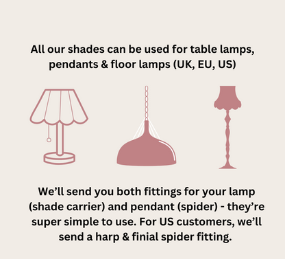 Lampshade compatibility information with illustrations of table, pendant, and floor lamps.