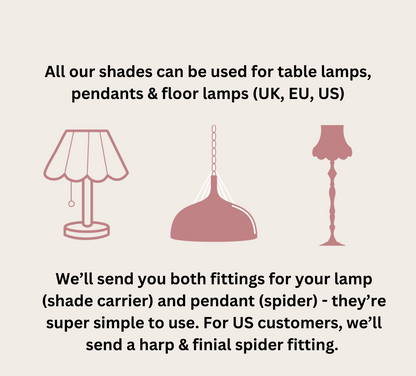 Lampshade compatibility information with illustrations of table, pendant, and floor lamps.