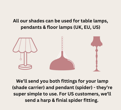 Lampshade compatibility information with illustrations of table, pendant, and floor lamps.