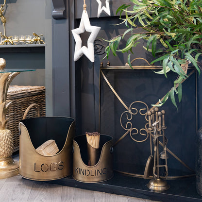 Bronze Finish Logs and Kindling Buckets with Matchstick Holder – Stylish Handcrafted Fireside Set