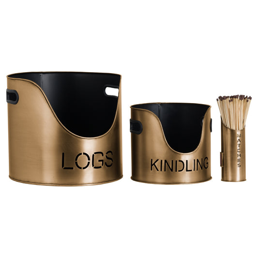 Bronze Finish Logs and Kindling Buckets with Matchstick Holder – Stylish Handcrafted Fireside Set