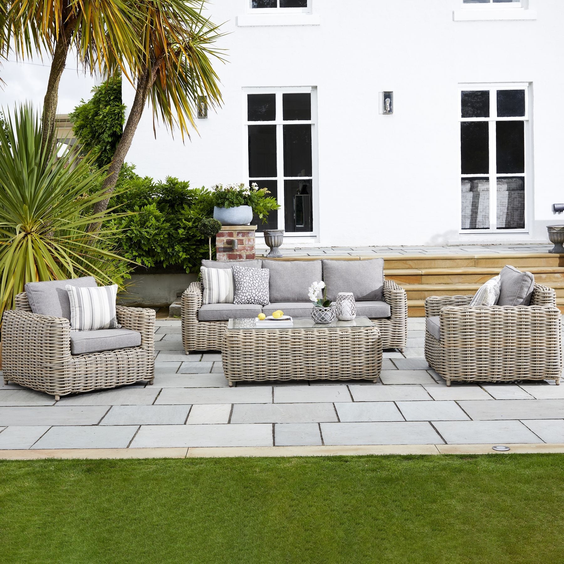 Enhance your outdoor space with the Amalfi Five Seater Rattan Garden Outdoor Set, a stylish and durable rattan furniture set is perfect for garden lounging and entertaining. Shop online today at www.nobleandnook.co.uk