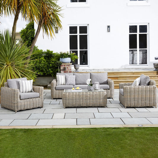 Enhance your outdoor space with the Amalfi Five Seater Rattan Garden Outdoor Set, a stylish and durable rattan furniture set is perfect for garden lounging and entertaining. Shop online today at www.nobleandnook.co.uk